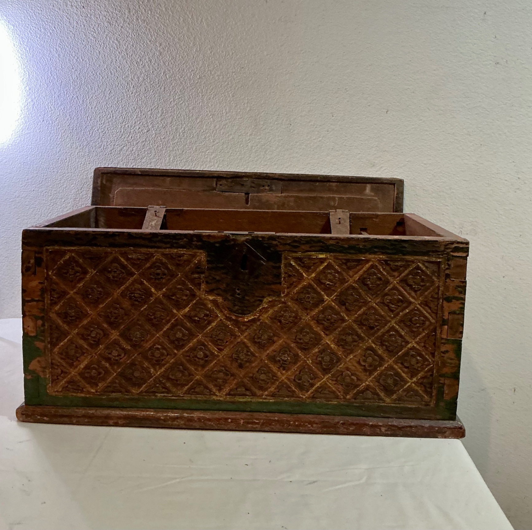 Small Vintage Carved trunk and Wicker basket  - image 2 of 10