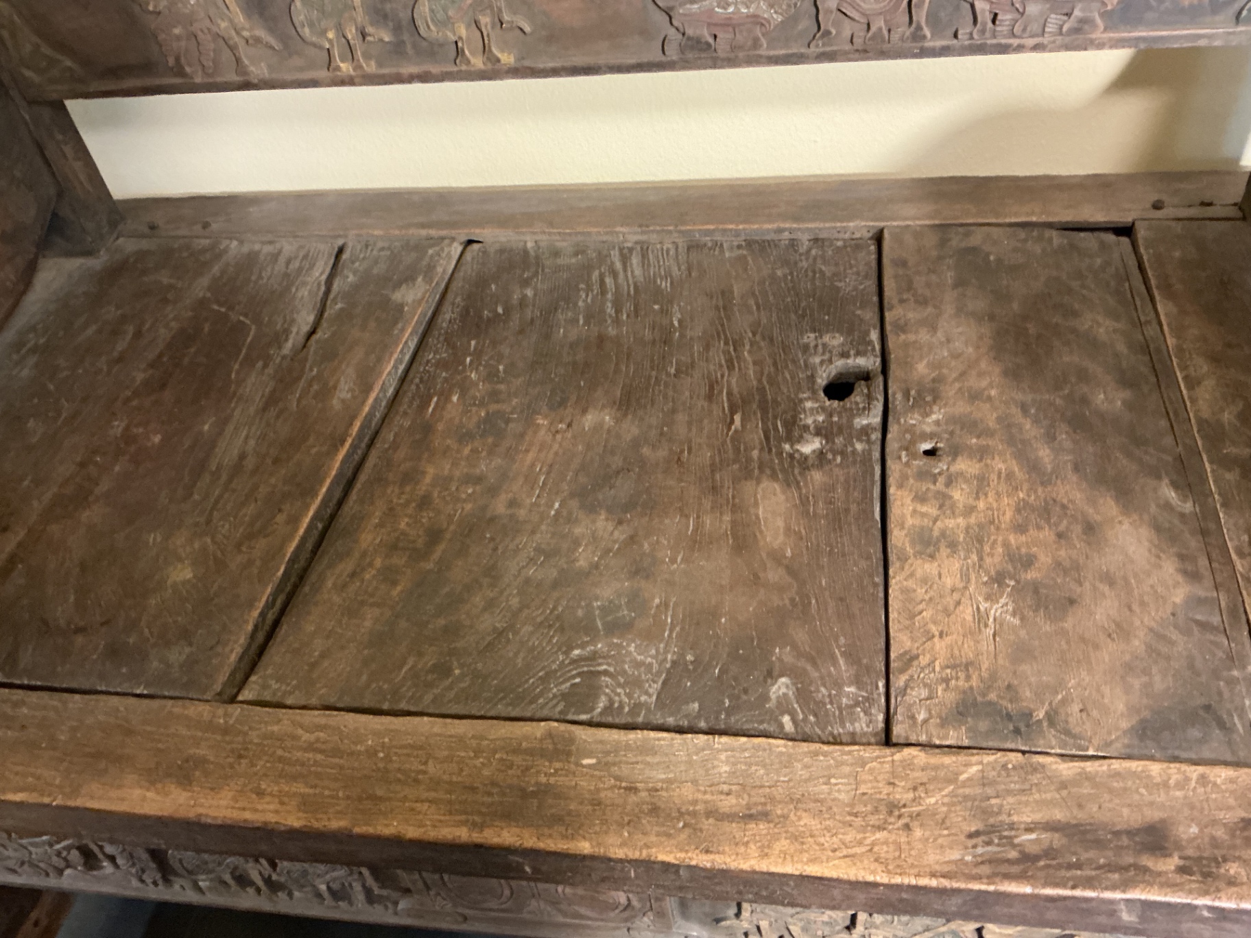 Antique carved wooden settle bench with cushion - image 7 of 11