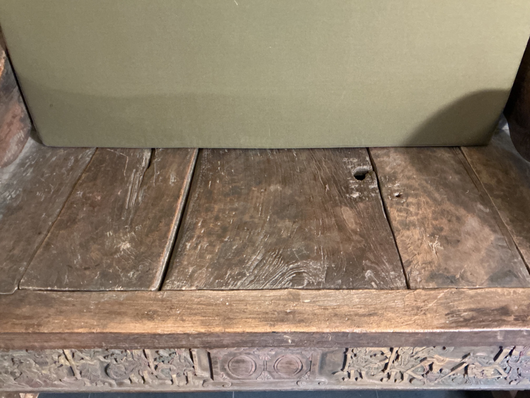 Antique carved wooden settle bench with cushion - image 6 of 11