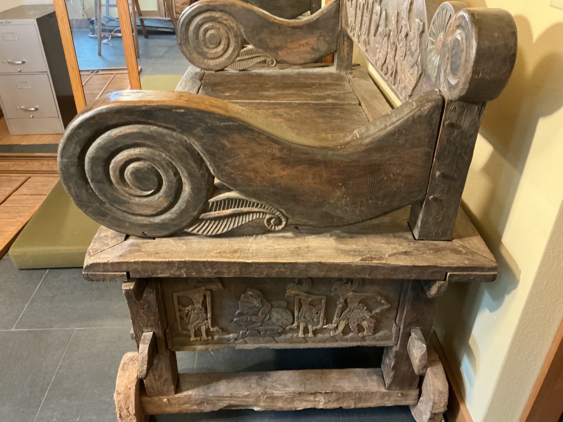 Antique carved wooden settle bench with cushion - image 8 of 11