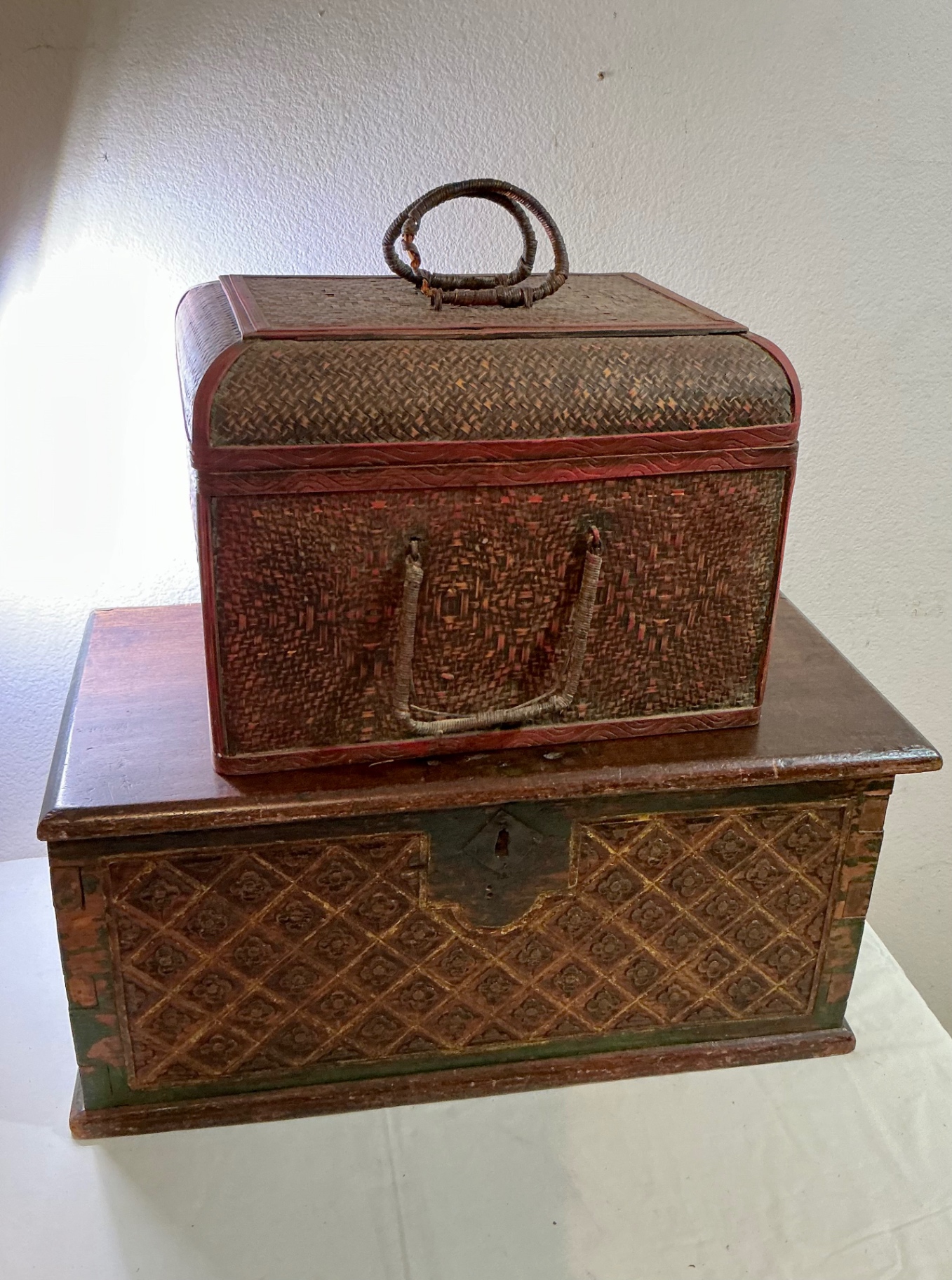 Small Vintage Carved trunk and Wicker basket  - image 1 of 10