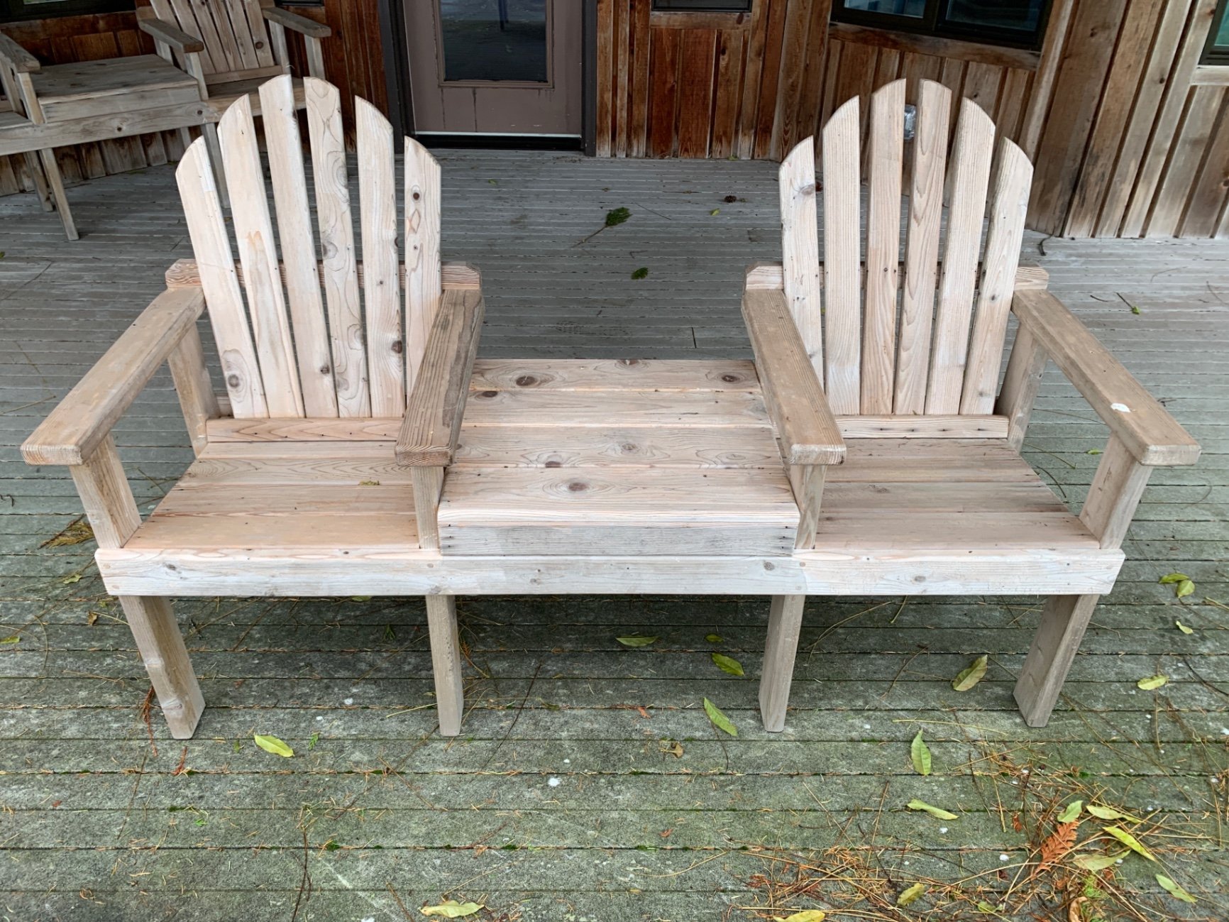 Outdoor wooden Adirondack seating set with two chairs and a central bench - image 1 of 3