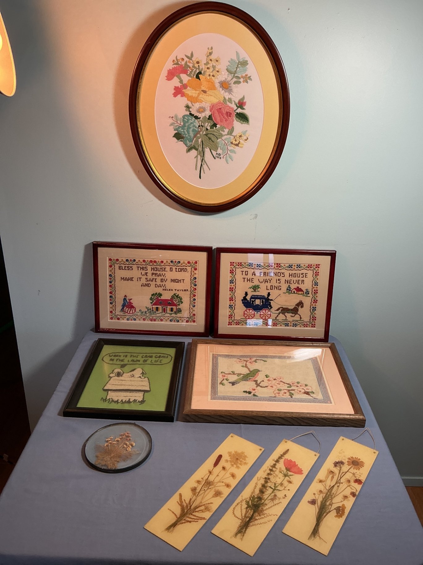 Framed Cross-Stitch and Pressed-Flower Wall Art - image 1 of 6