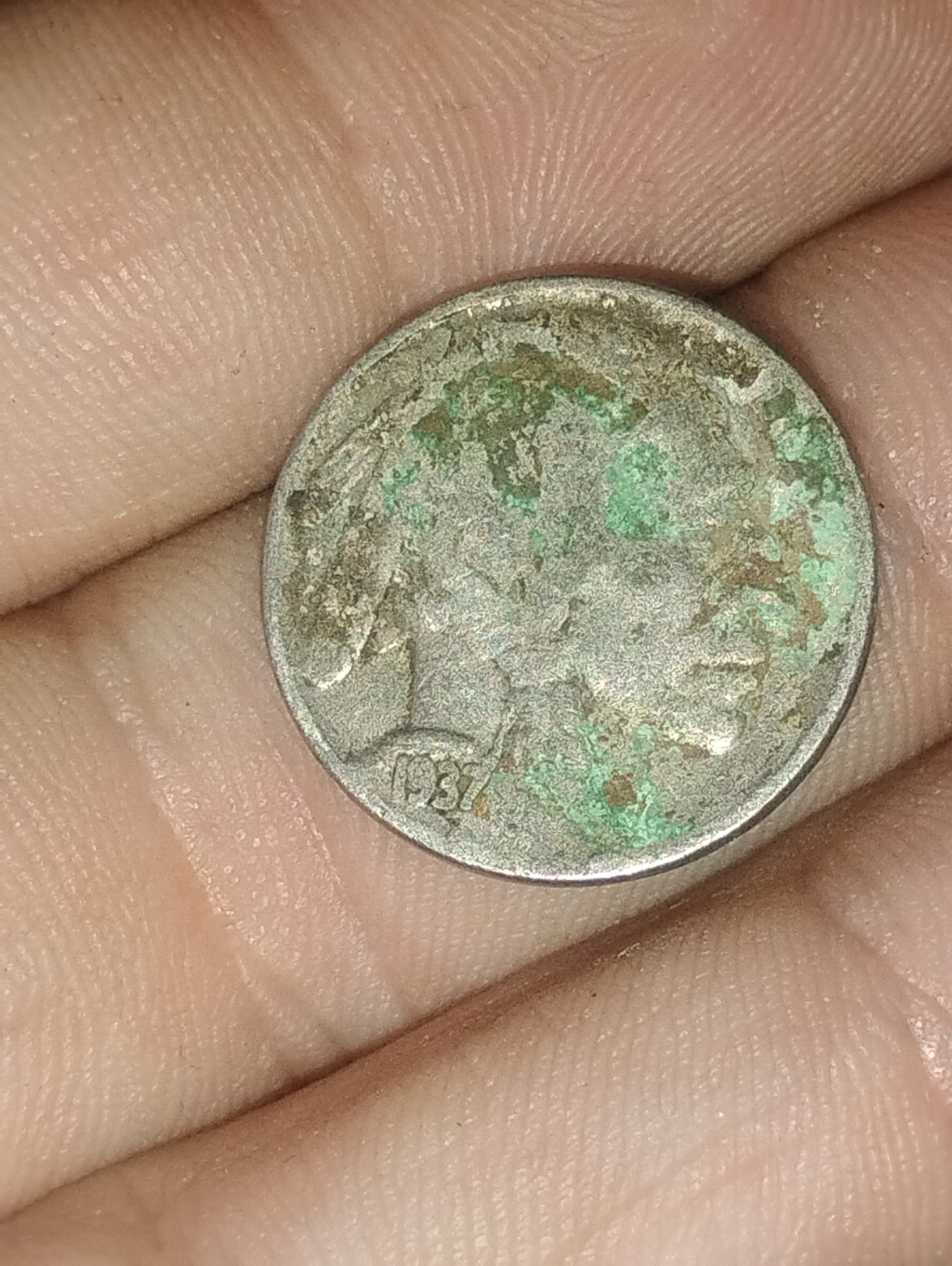 United States buffalo nickel with green patina - image 1 of 2