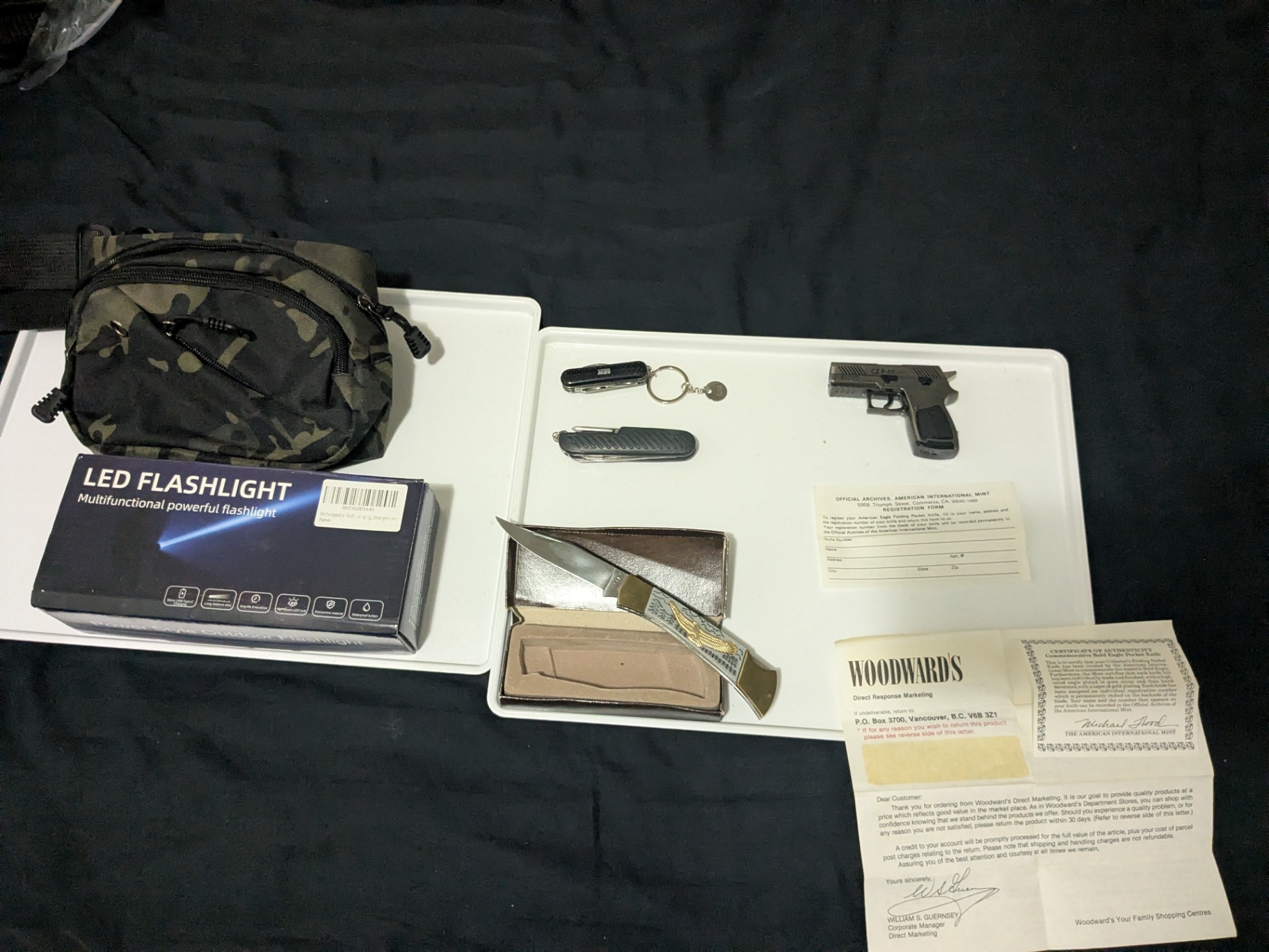 Mixed Outdoor & Collectible Lot – Knife, Flashlight, Tactical Bag, Replica Pistol Torch Lighter, Multi-Tools & Vintage Paperwork - image 12 of 12