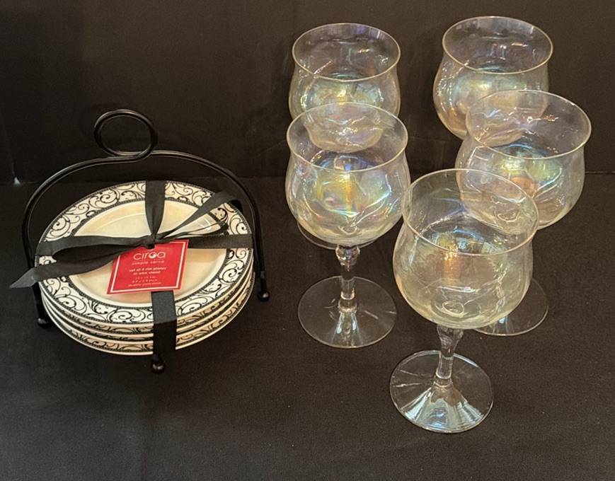 Set of Decorative Plates with Rack and Iridescent Stem Glasses - image 1 of 4