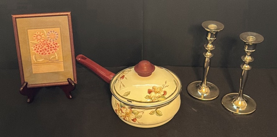 Framed Floral Artwork, Pair of Candlesticks, and Floral Saucepan - image 1 of 5