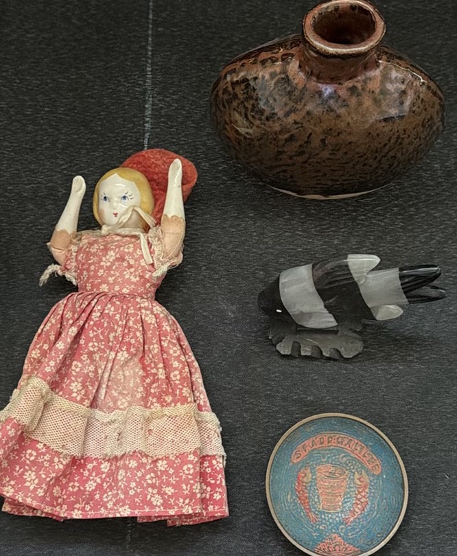 Assorted Decorative Figurines, Pottery Vase, Wooden Tobacco Container, and Doll - image 3 of 3