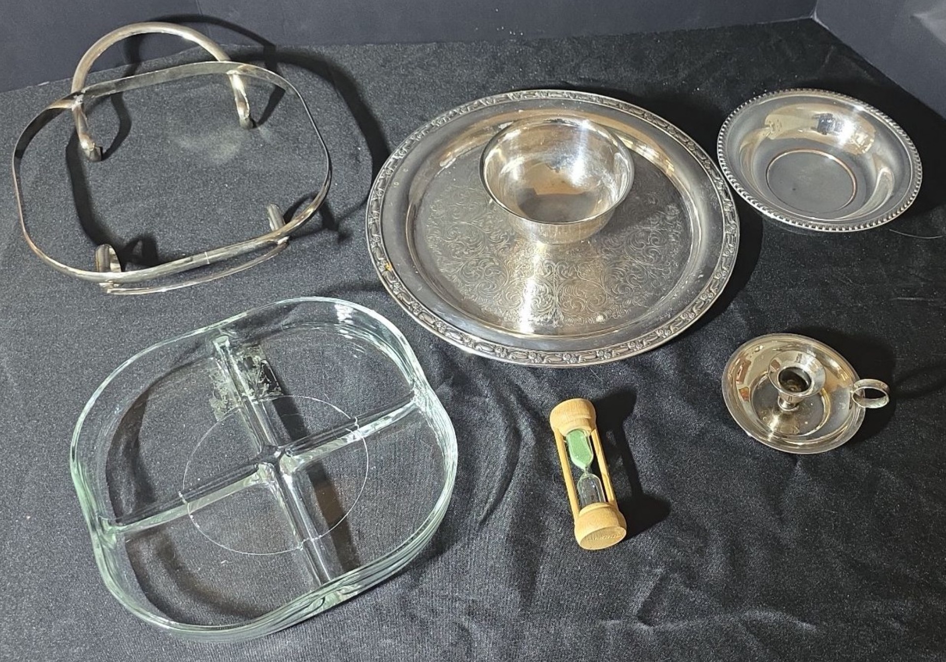 Silver-plated serving ware with glass dishes and hourglass timer - image 7 of 13