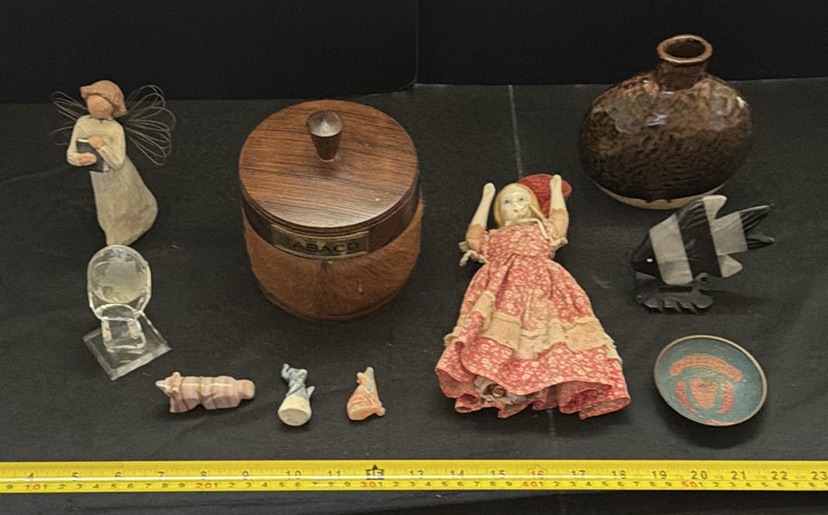 Assorted Decorative Figurines, Pottery Vase, Wooden Tobacco Container, and Doll - image 1 of 3