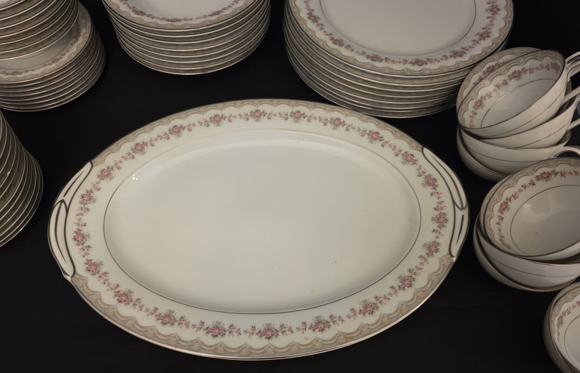 Porcelain dinnerware set with pink floral border and gold trim - image 5 of 6