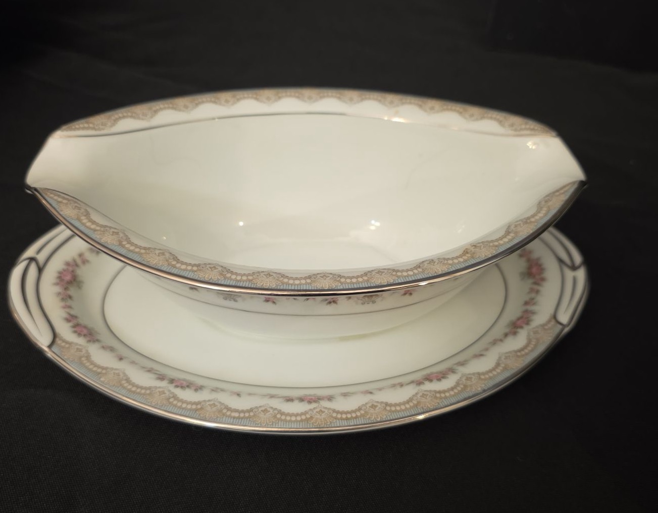 Porcelain dinnerware set with pink floral border and gold trim - image 3 of 6