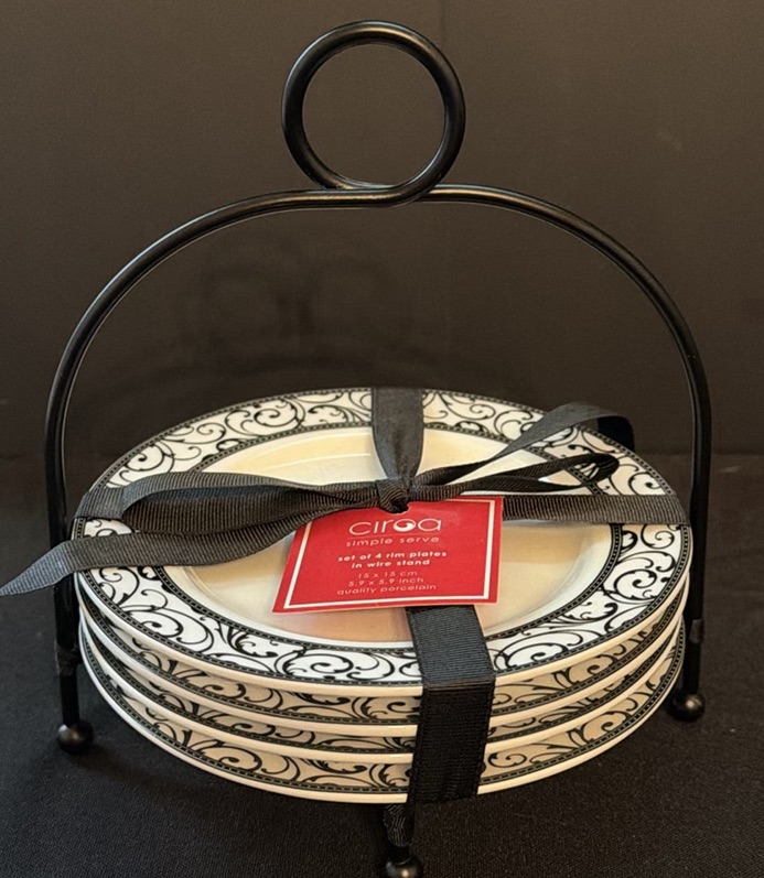 Set of Decorative Plates with Rack and Iridescent Stem Glasses - image 2 of 4
