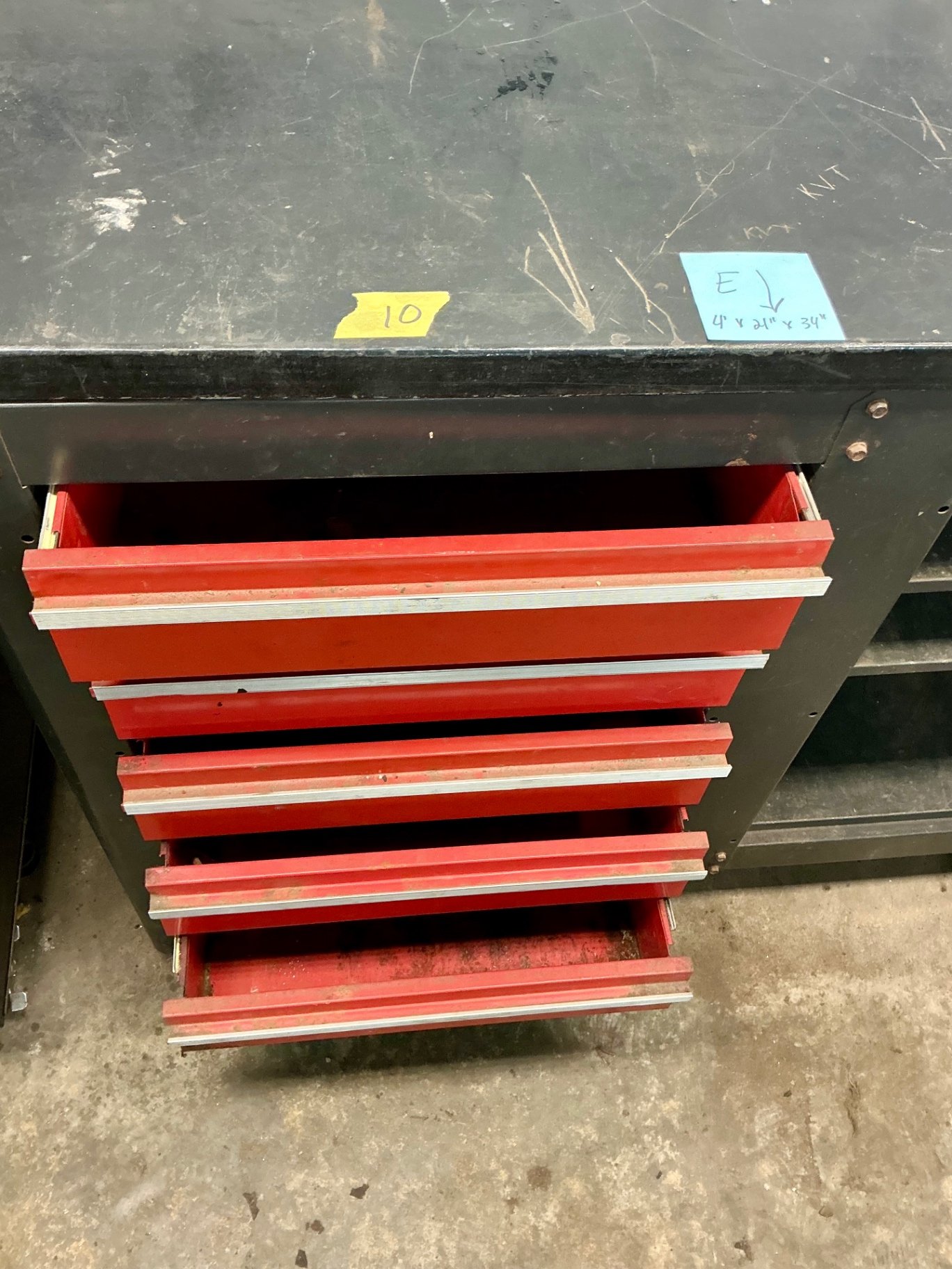 Metal tool cabinet with red drawers and open shelving - image 3 of 5