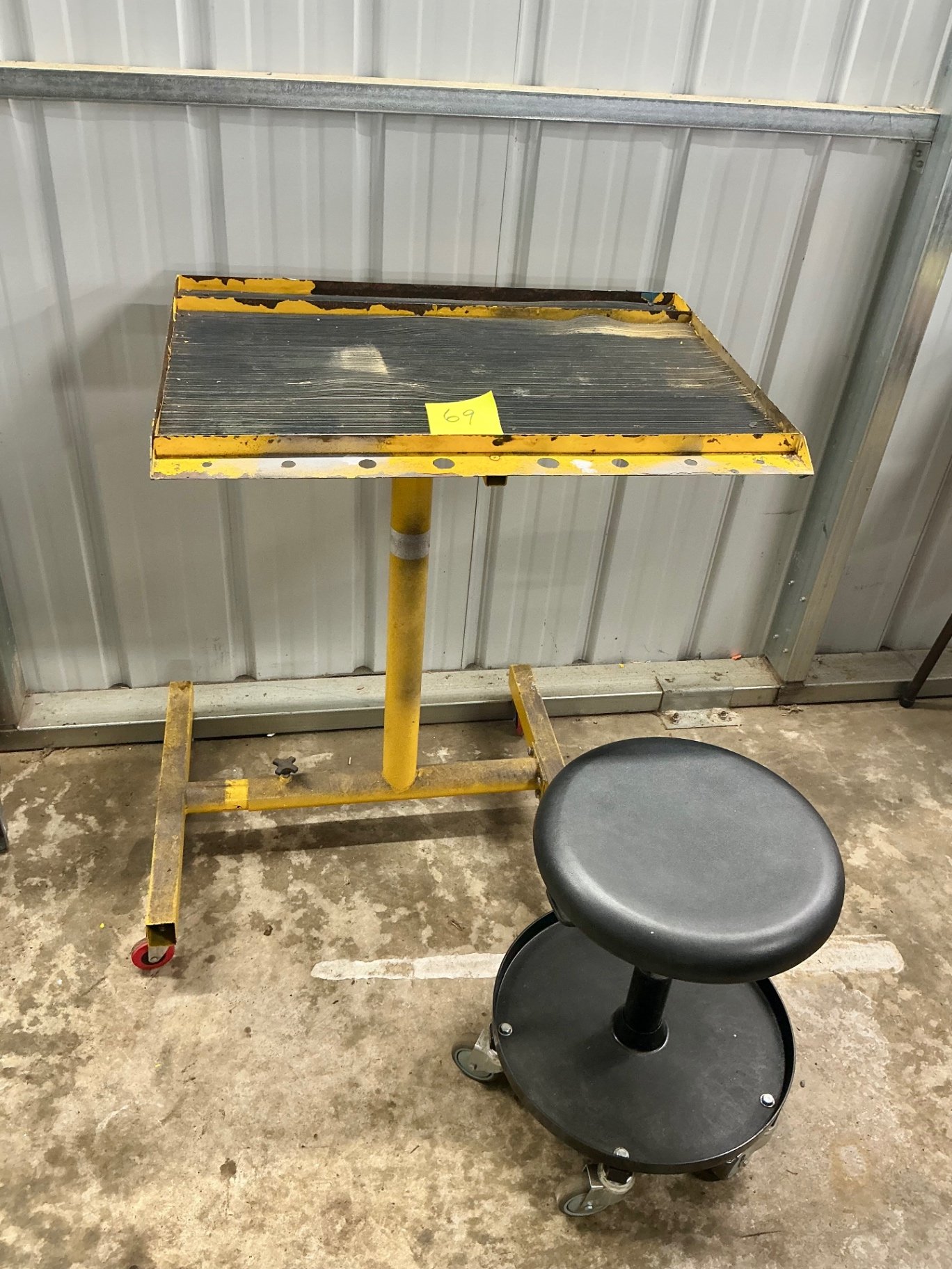 Yellow mobile work stand with ribbed tabletop and rolling stool - image 3 of 3