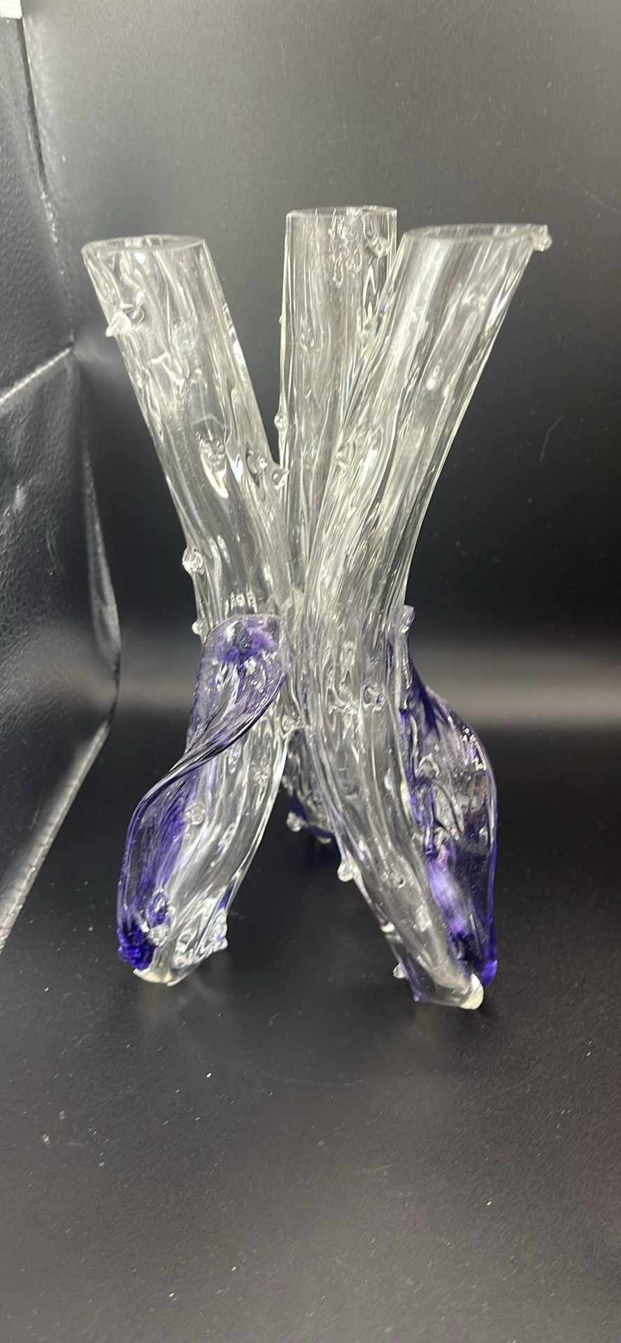 Pair of Antique Victorian Cut Crystal Magnum Decanters Strawberry Diamond 19thC And Vintage MCM Textured Bark Glass Triple Bud Vases Amethyst Feet - Pair - image 14 of 19