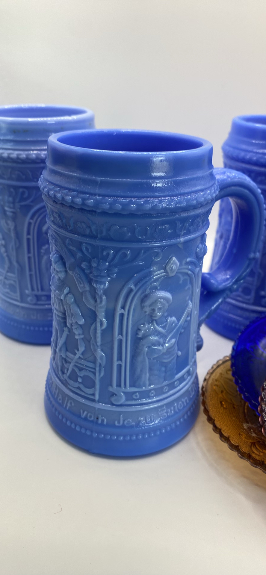 Blue Slag Milk Glass Steins And Pairpoint Plates - image 3 of 12