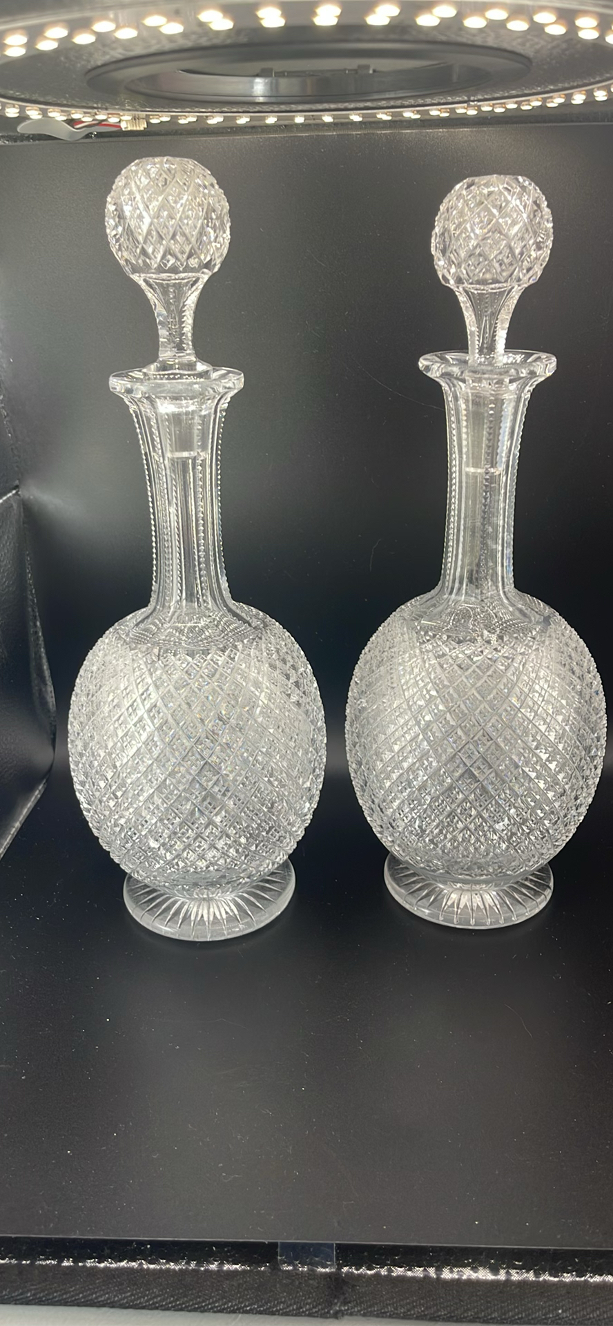 Pair of Antique Victorian Cut Crystal Magnum Decanters Strawberry Diamond 19thC And Vintage MCM Textured Bark Glass Triple Bud Vases Amethyst Feet - Pair - image 7 of 19