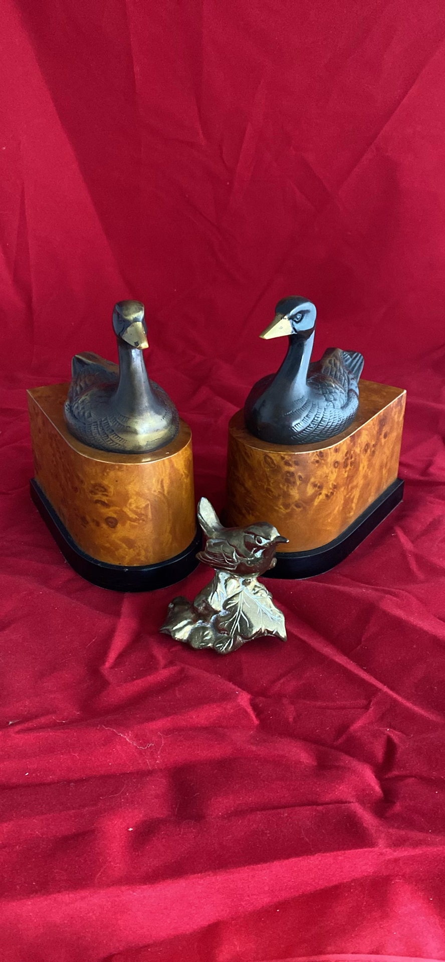1930's Art Deco Ebonized Brass Duck Bookends on Burlwood Bases and Brass Bird - image 1 of 8