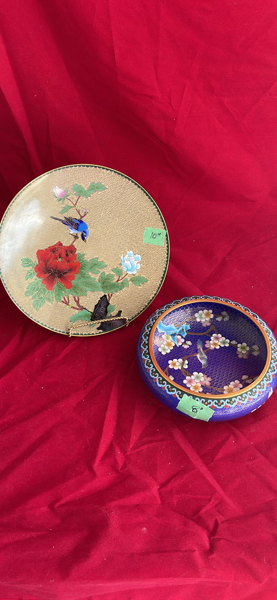 Vintage Chinese Cloisonné Set: 10" Floral/Bird Plate & 8" Cobalt Blossom Bowl - image 1 of 10