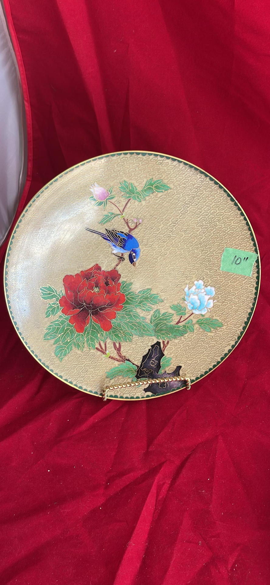 Vintage Chinese Cloisonné Set: 10" Floral/Bird Plate & 8" Cobalt Blossom Bowl - image 2 of 10