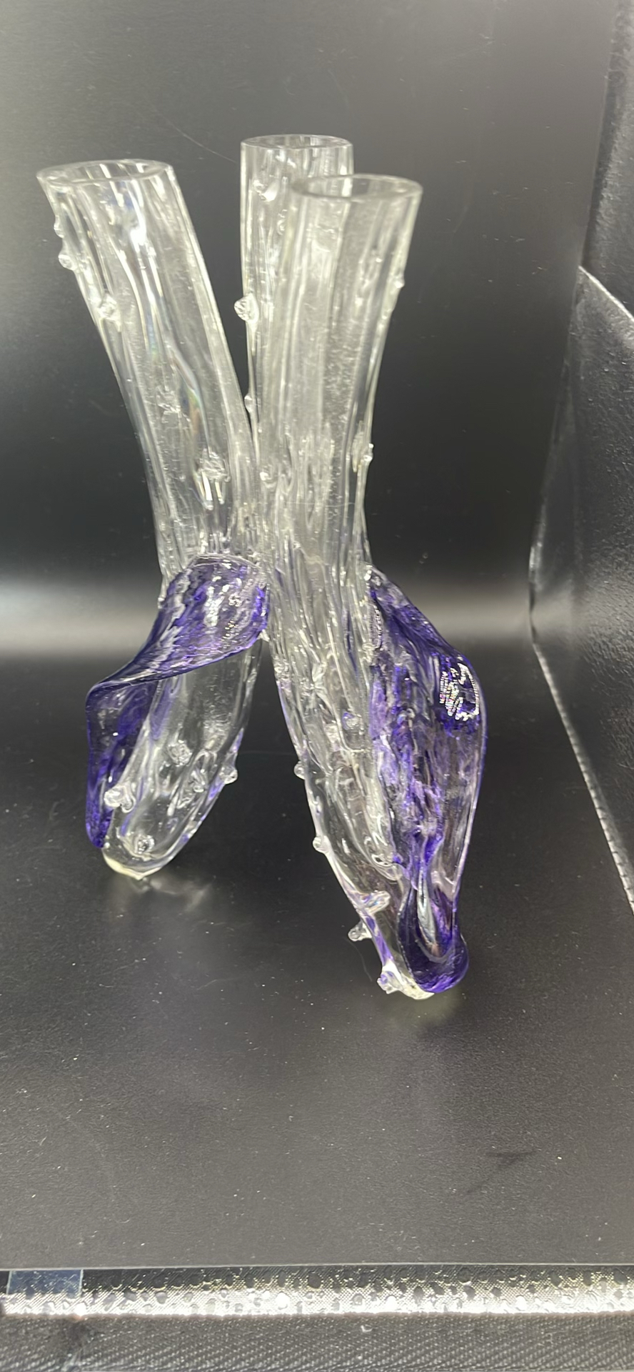 Pair of Antique Victorian Cut Crystal Magnum Decanters Strawberry Diamond 19thC And Vintage MCM Textured Bark Glass Triple Bud Vases Amethyst Feet - Pair - image 18 of 19