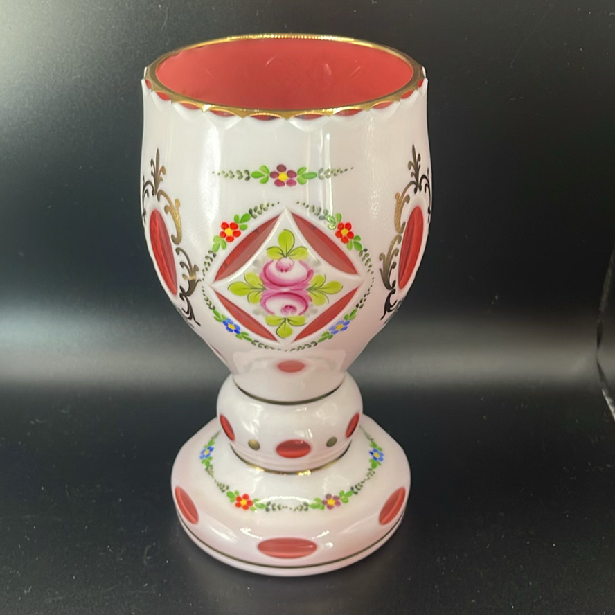 Vintage Bohemian Cased Glass Vase, Czech White Overlay Cut to Cranberry, Hand Painted Floral 7””. - image 4 of 18