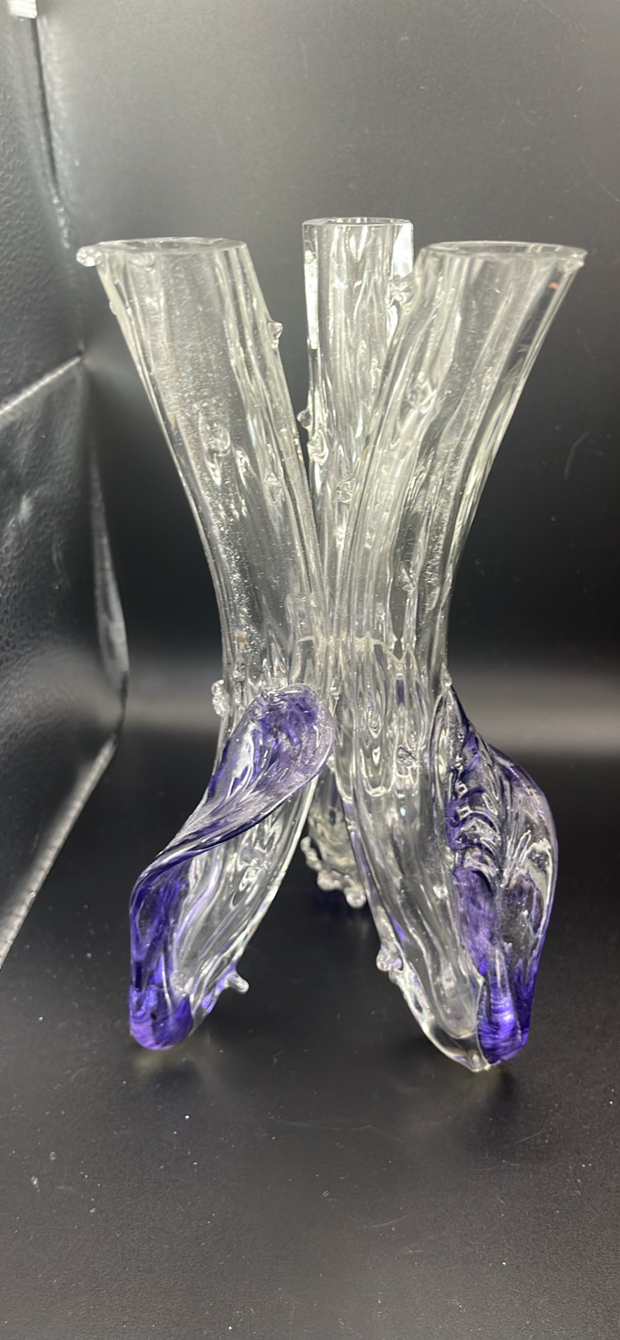 Pair of Antique Victorian Cut Crystal Magnum Decanters Strawberry Diamond 19thC And Vintage MCM Textured Bark Glass Triple Bud Vases Amethyst Feet - Pair - image 15 of 19