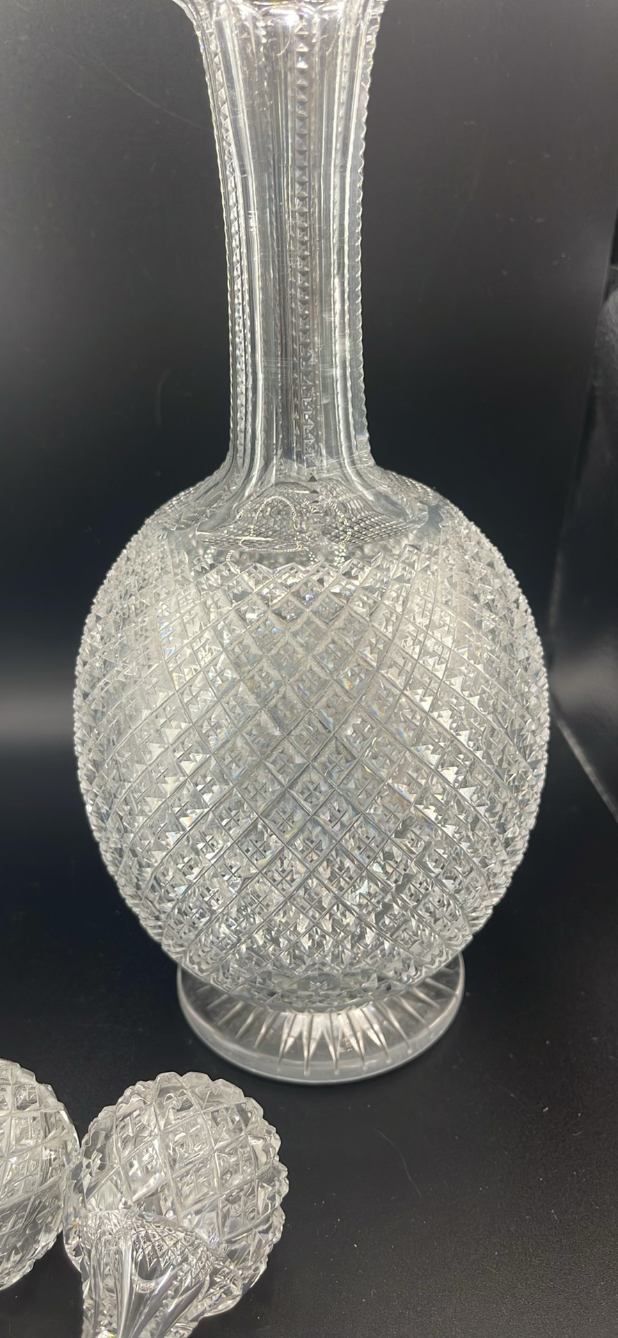 Pair of Antique Victorian Cut Crystal Magnum Decanters Strawberry Diamond 19thC And Vintage MCM Textured Bark Glass Triple Bud Vases Amethyst Feet - Pair - image 13 of 19
