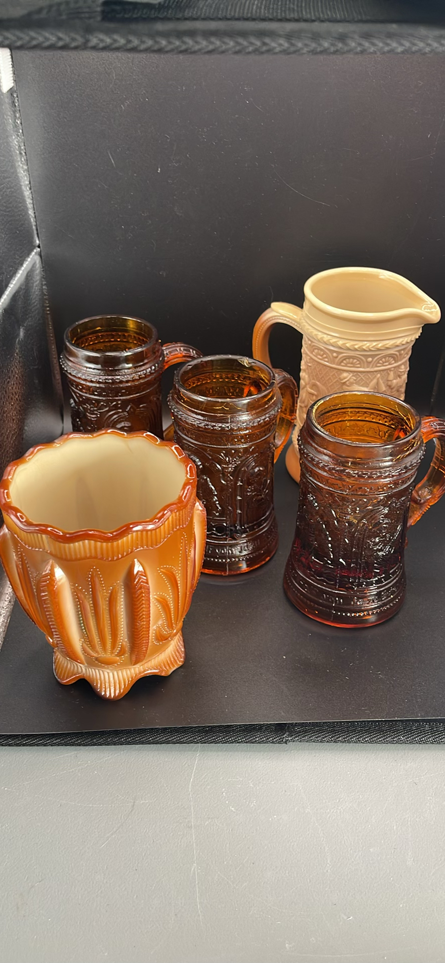 Vintage Chocolate Slag Glass Steins, Pitcher and Spooner - image 1 of 14