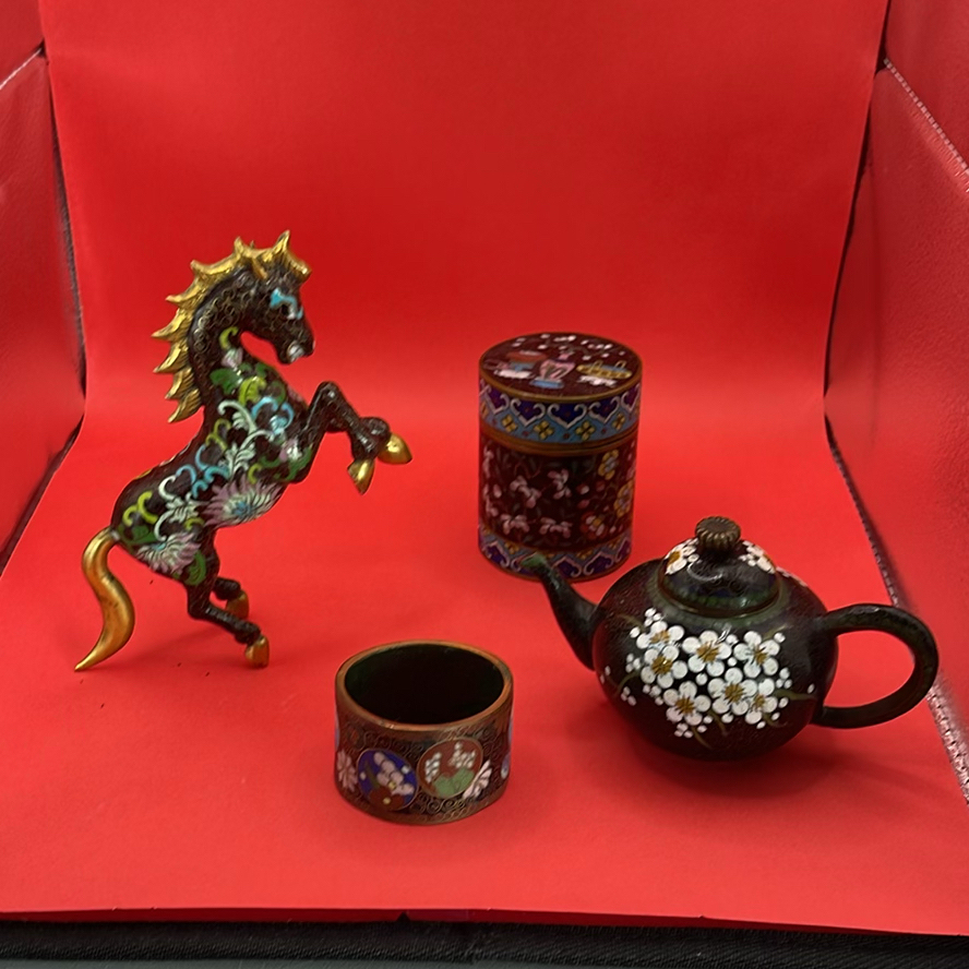 Cloisonné Decorative Items Including Horse Figurine, Teapot, Box, and Napkin Ring - image 1 of 15