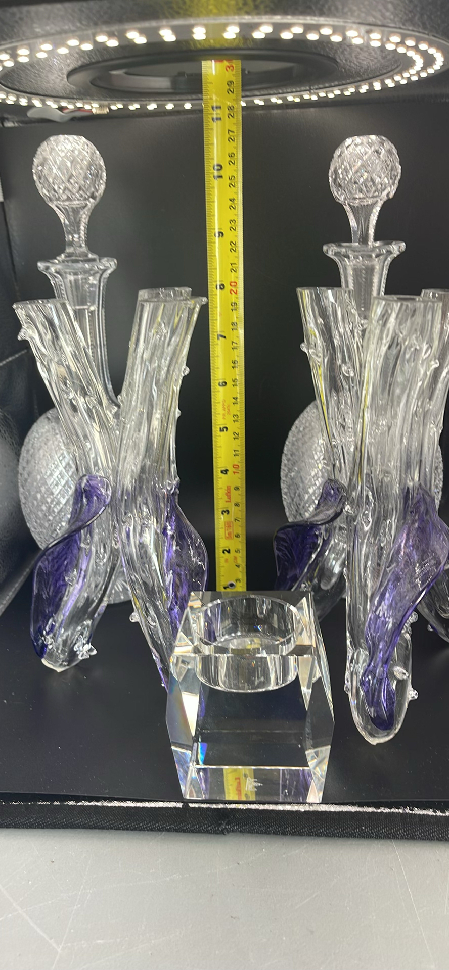 Pair of Antique Victorian Cut Crystal Magnum Decanters Strawberry Diamond 19thC And Vintage MCM Textured Bark Glass Triple Bud Vases Amethyst Feet - Pair - image 2 of 19