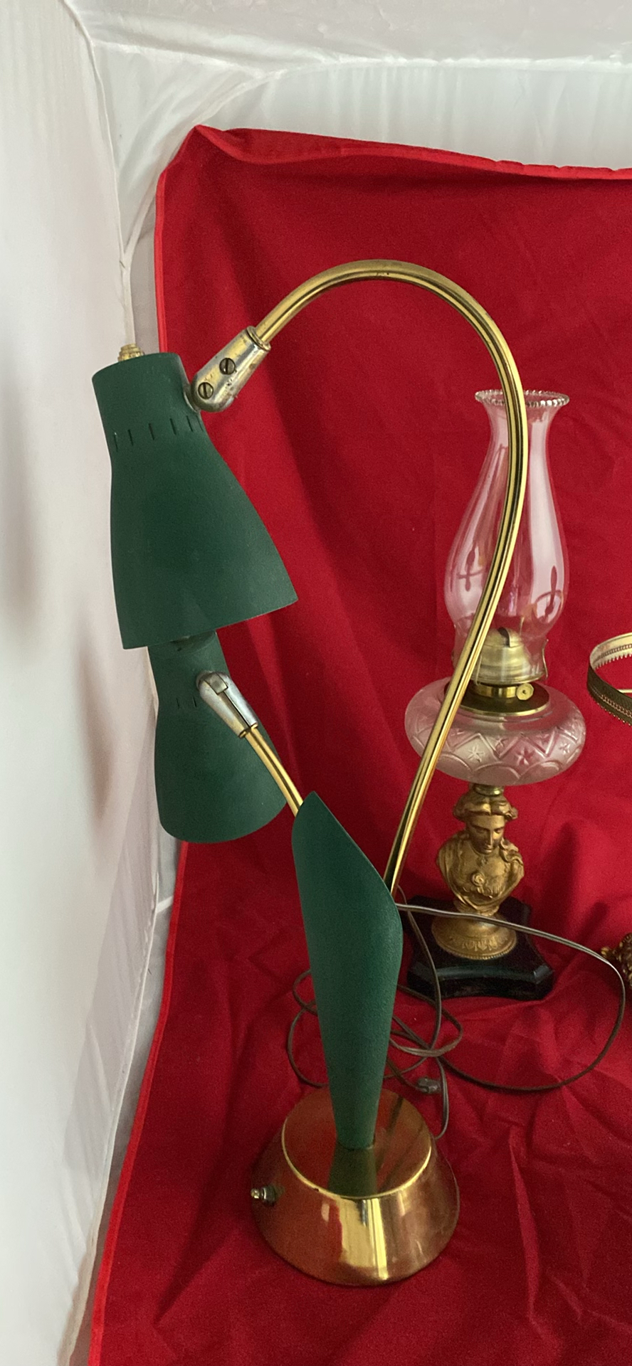 MCM Table Lamp, Fenton Burmese Glass lamp, Antique Figural kerosene Lamp - image 3 of 10