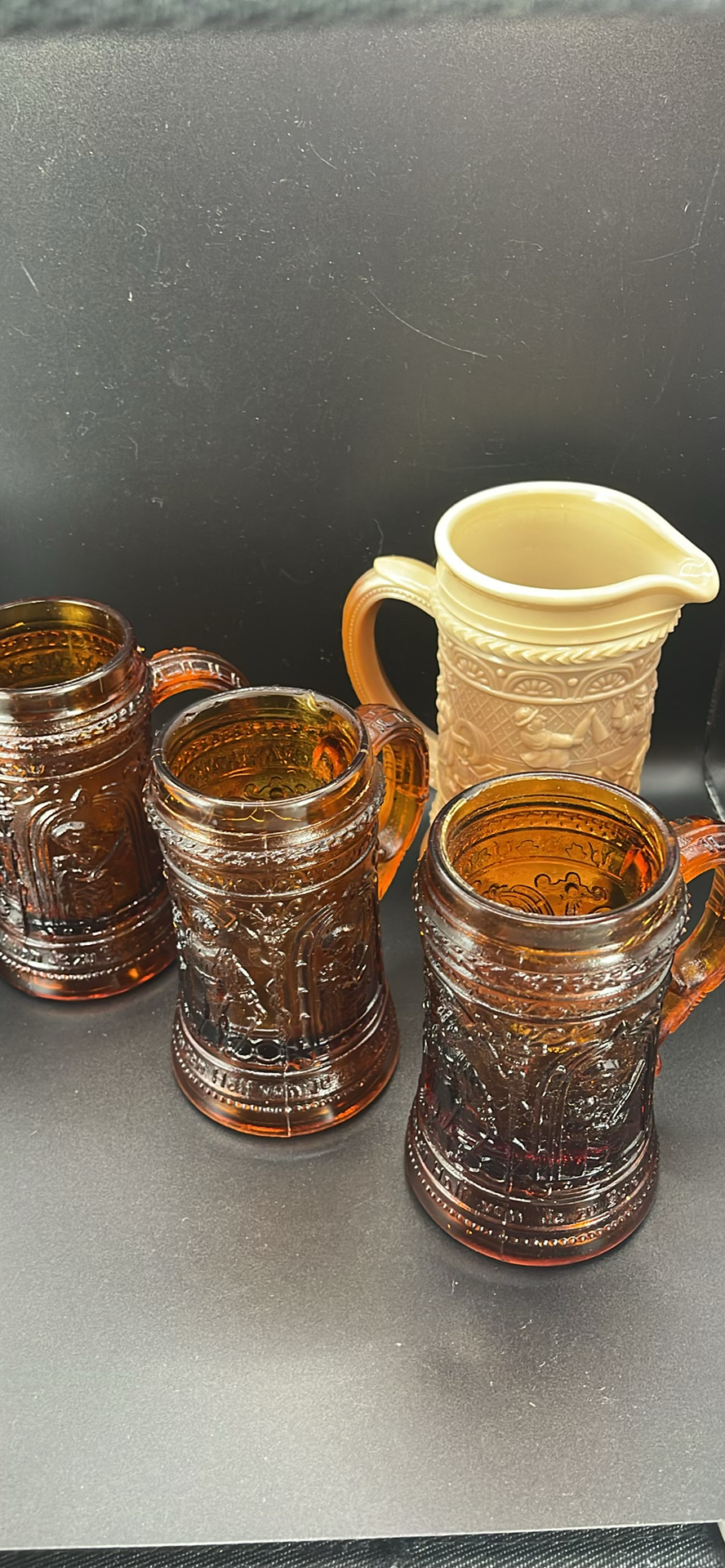 Vintage Chocolate Slag Glass Steins, Pitcher and Spooner - image 2 of 14