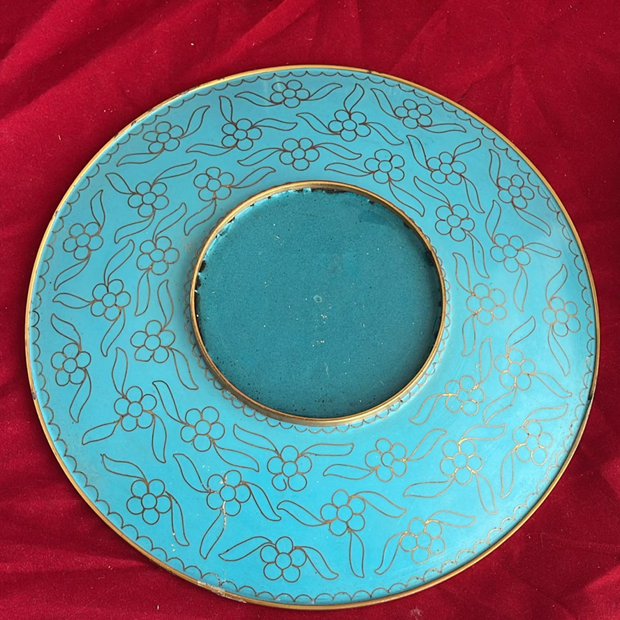 Vintage Chinese Cloisonné Set: 10" Floral/Bird Plate & 8" Cobalt Blossom Bowl - image 4 of 10