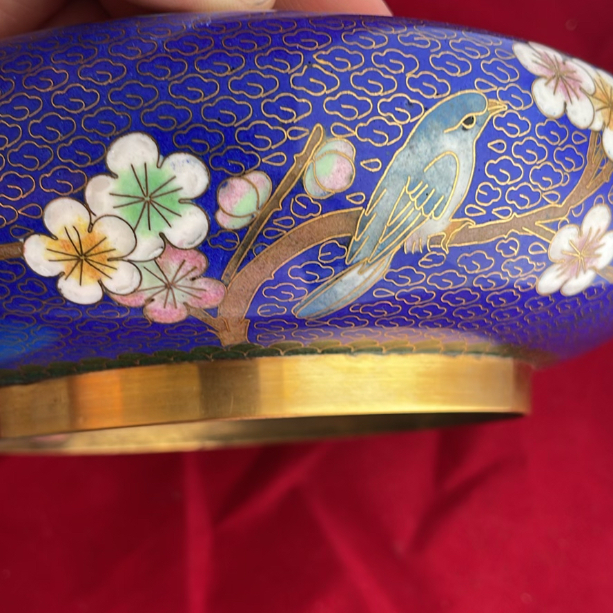Vintage Chinese Cloisonné Set: 10" Floral/Bird Plate & 8" Cobalt Blossom Bowl - image 9 of 10
