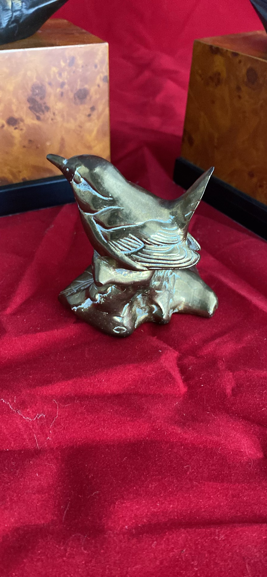 1930's Art Deco Ebonized Brass Duck Bookends on Burlwood Bases and Brass Bird - image 8 of 8