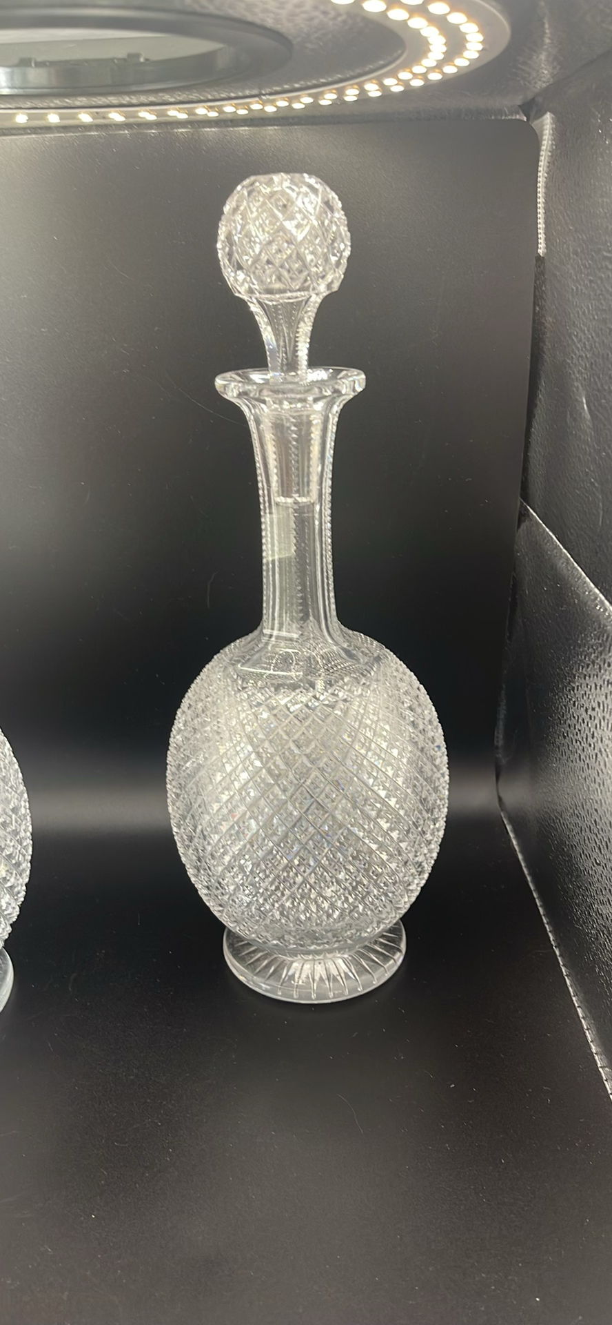 Pair of Antique Victorian Cut Crystal Magnum Decanters Strawberry Diamond 19thC And Vintage MCM Textured Bark Glass Triple Bud Vases Amethyst Feet - Pair - image 8 of 19