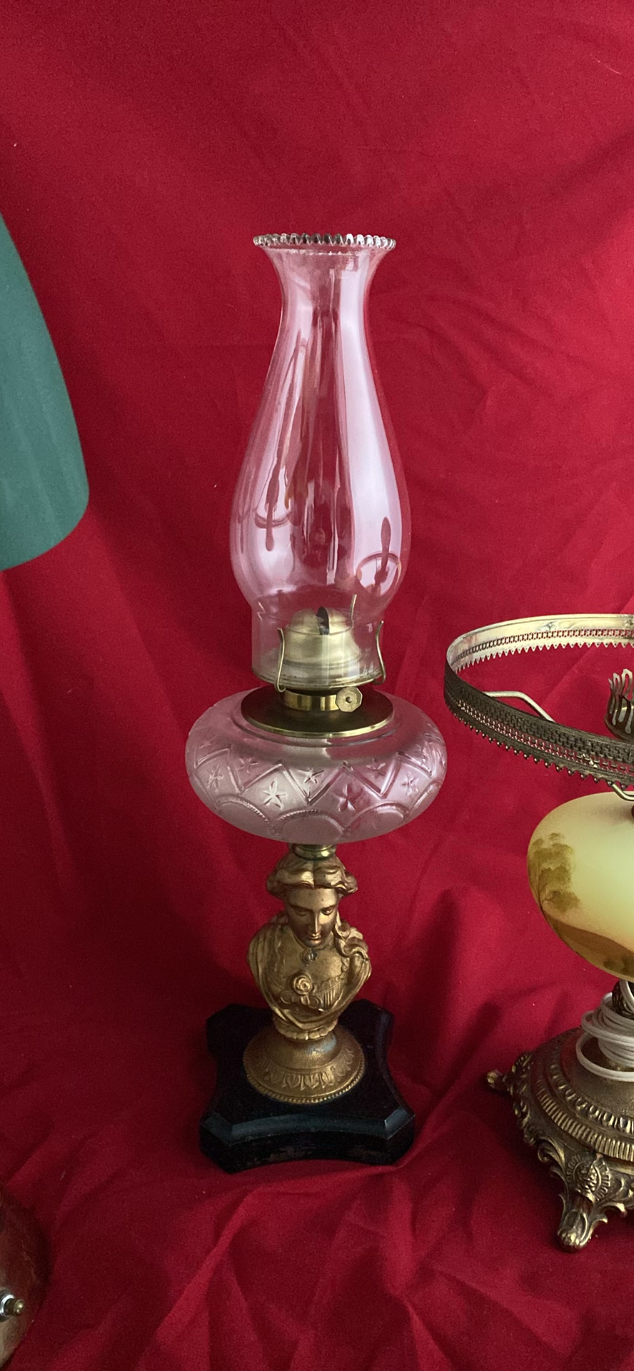 MCM Table Lamp, Fenton Burmese Glass lamp, Antique Figural kerosene Lamp - image 5 of 10