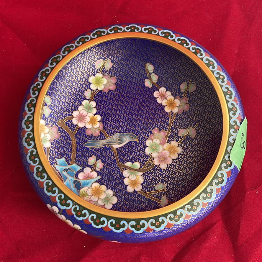 Vintage Chinese Cloisonné Set: 10" Floral/Bird Plate & 8" Cobalt Blossom Bowl - image 5 of 10