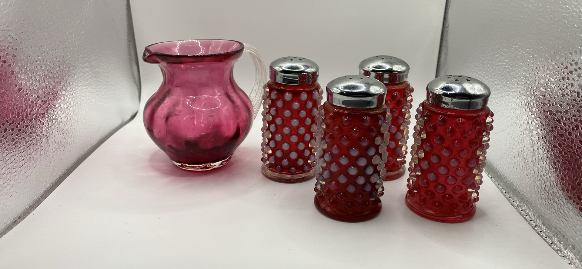 Fenton Cranberry Hobnail S&P Shakers And Small Pitcher - image 1 of 10