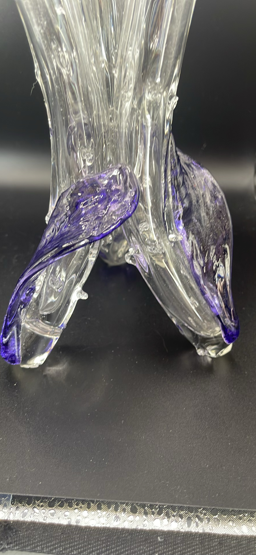 Pair of Antique Victorian Cut Crystal Magnum Decanters Strawberry Diamond 19thC And Vintage MCM Textured Bark Glass Triple Bud Vases Amethyst Feet - Pair - image 19 of 19