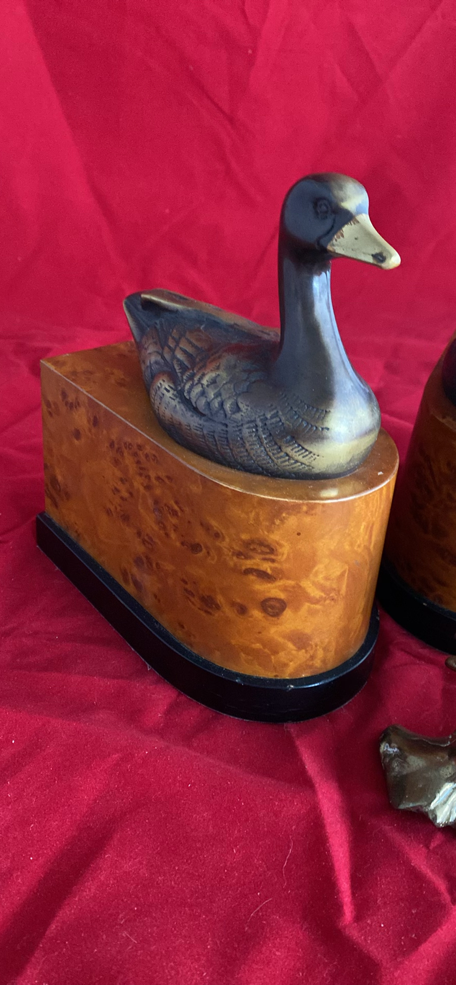 1930's Art Deco Ebonized Brass Duck Bookends on Burlwood Bases and Brass Bird - image 3 of 8
