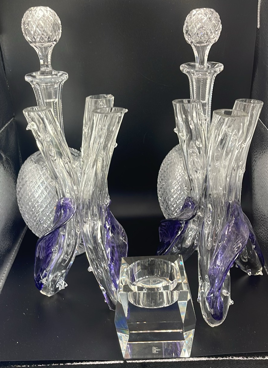 Pair of Antique Victorian Cut Crystal Magnum Decanters Strawberry Diamond 19thC And Vintage MCM Textured Bark Glass Triple Bud Vases Amethyst Feet - Pair - image 1 of 19