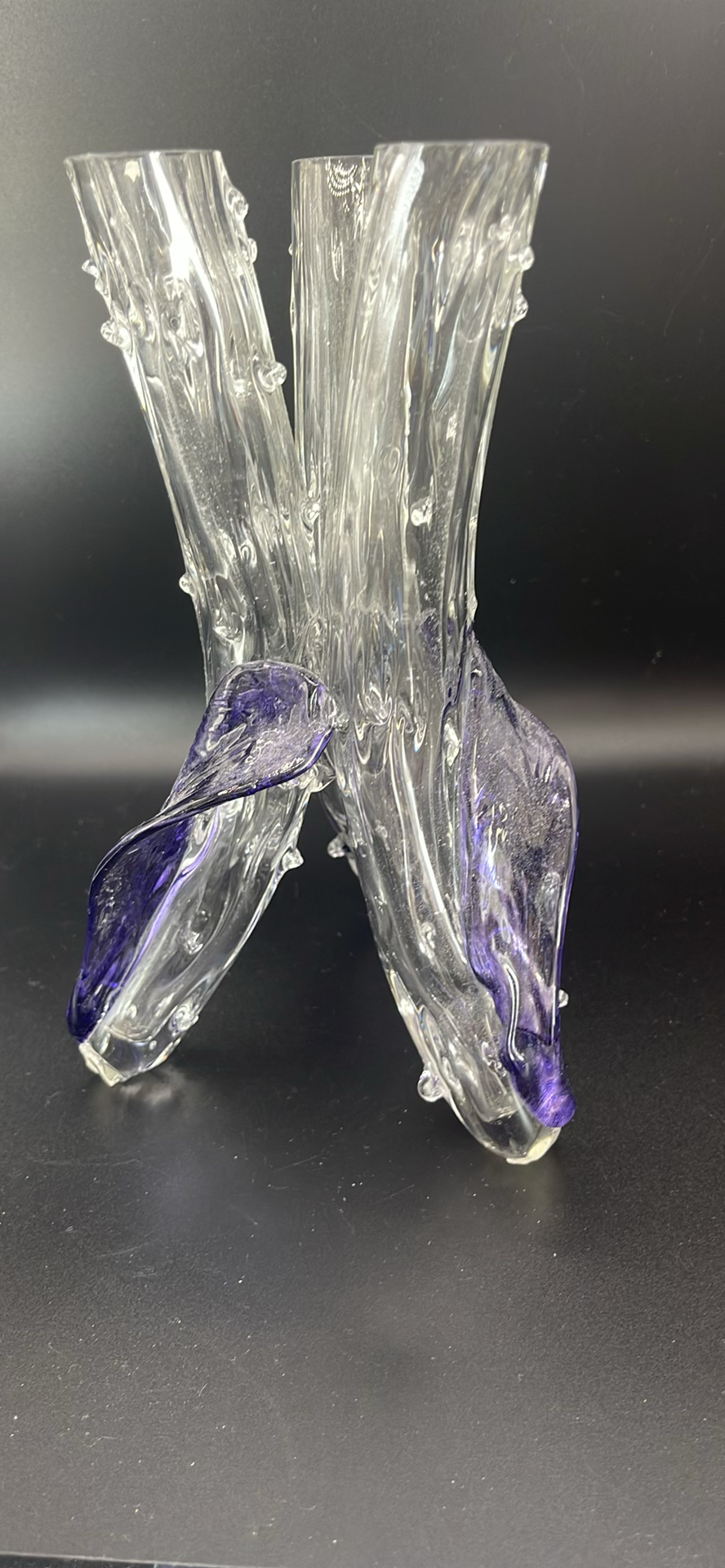 Pair of Antique Victorian Cut Crystal Magnum Decanters Strawberry Diamond 19thC And Vintage MCM Textured Bark Glass Triple Bud Vases Amethyst Feet - Pair - image 17 of 19