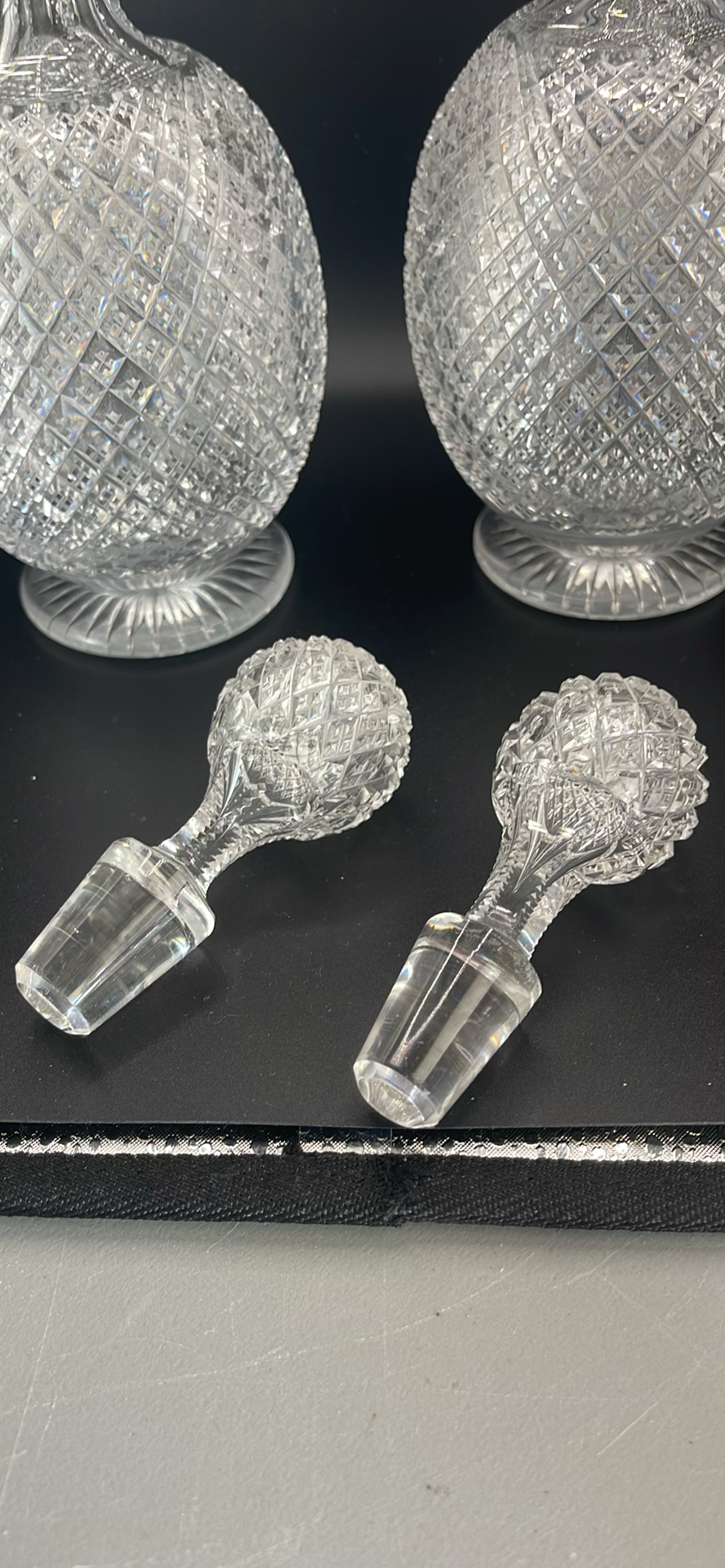 Pair of Antique Victorian Cut Crystal Magnum Decanters Strawberry Diamond 19thC And Vintage MCM Textured Bark Glass Triple Bud Vases Amethyst Feet - Pair - image 10 of 19