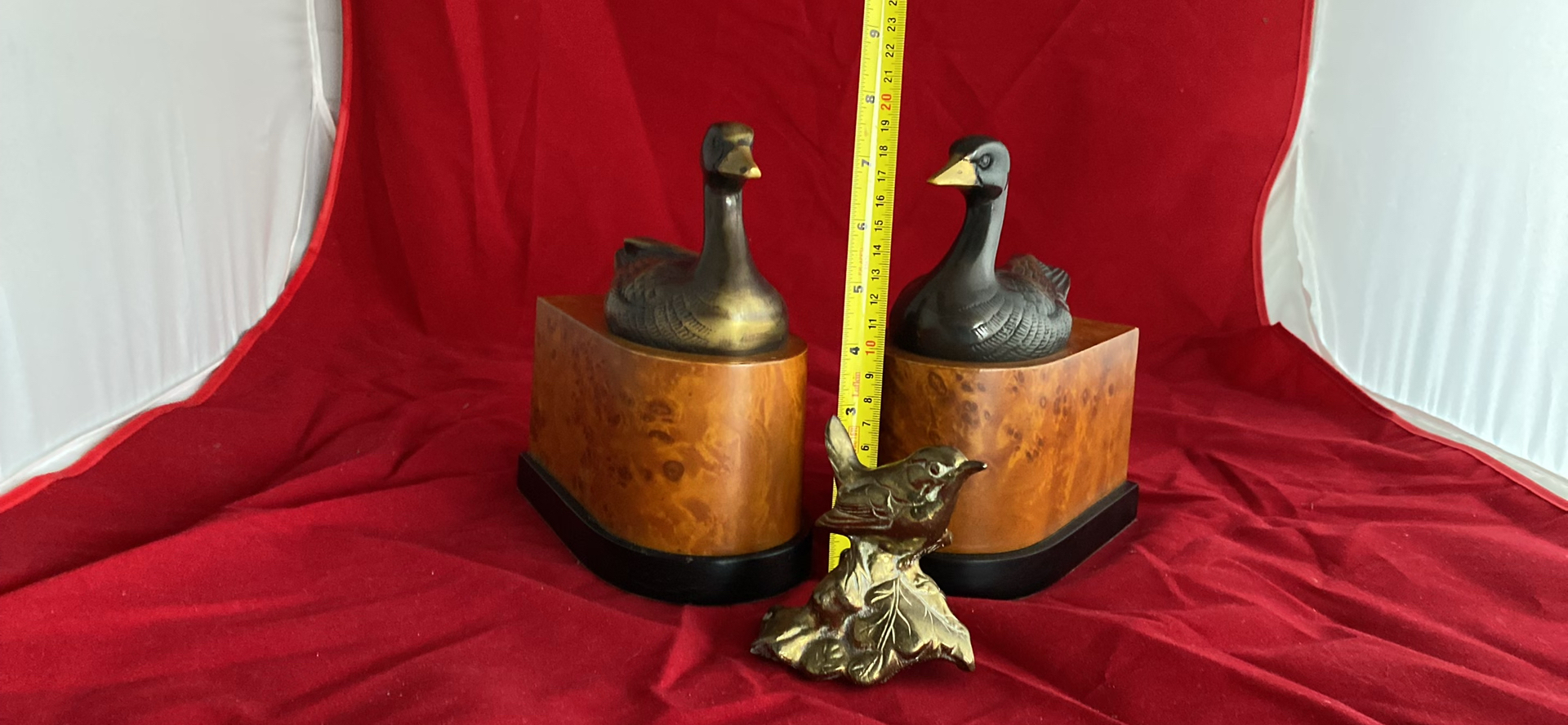 1930's Art Deco Ebonized Brass Duck Bookends on Burlwood Bases and Brass Bird - image 2 of 8