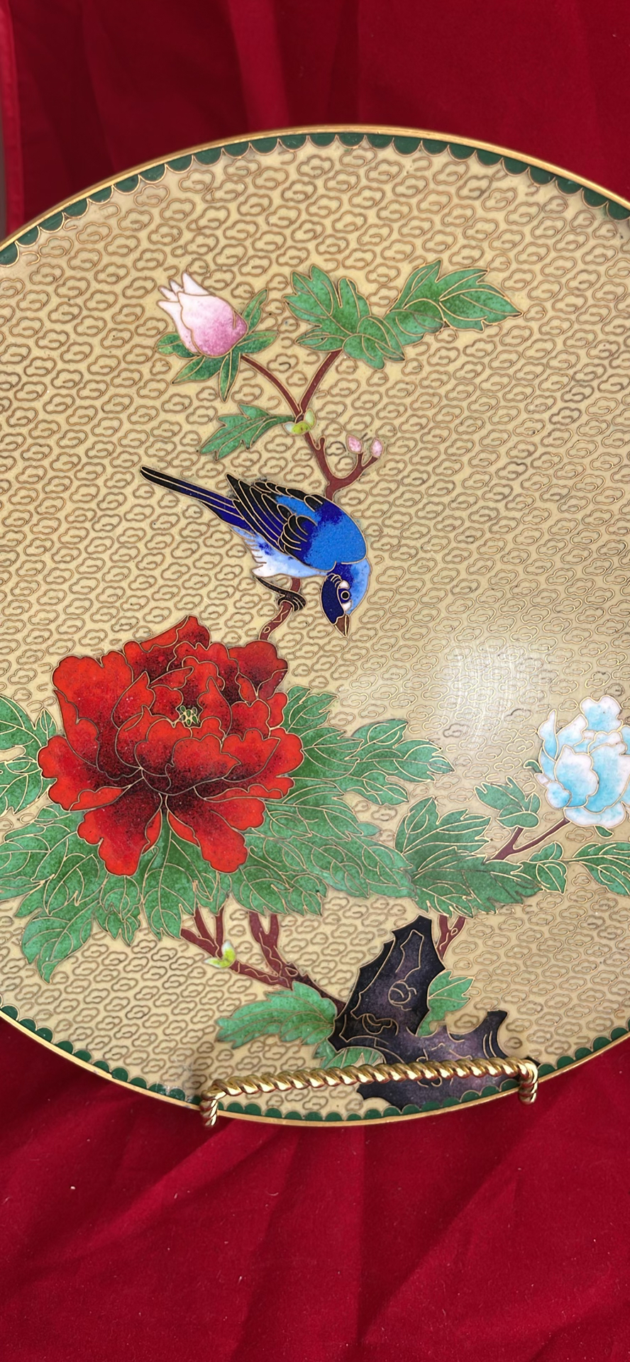 Vintage Chinese Cloisonné Set: 10" Floral/Bird Plate & 8" Cobalt Blossom Bowl - image 3 of 10