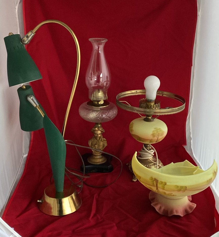 MCM Table Lamp, Fenton Burmese Glass lamp, Antique Figural kerosene Lamp - image 1 of 10