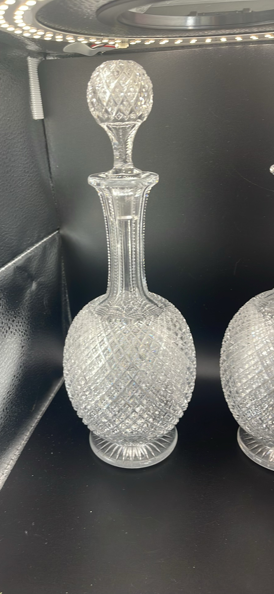 Pair of Antique Victorian Cut Crystal Magnum Decanters Strawberry Diamond 19thC And Vintage MCM Textured Bark Glass Triple Bud Vases Amethyst Feet - Pair - image 9 of 19